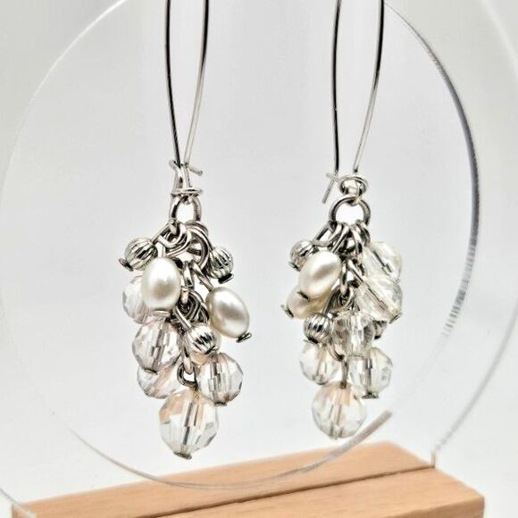 White Faux Pearls and Faceted Clear Beads on Silvertone French Hooks‎ - Picture 1 of 4
